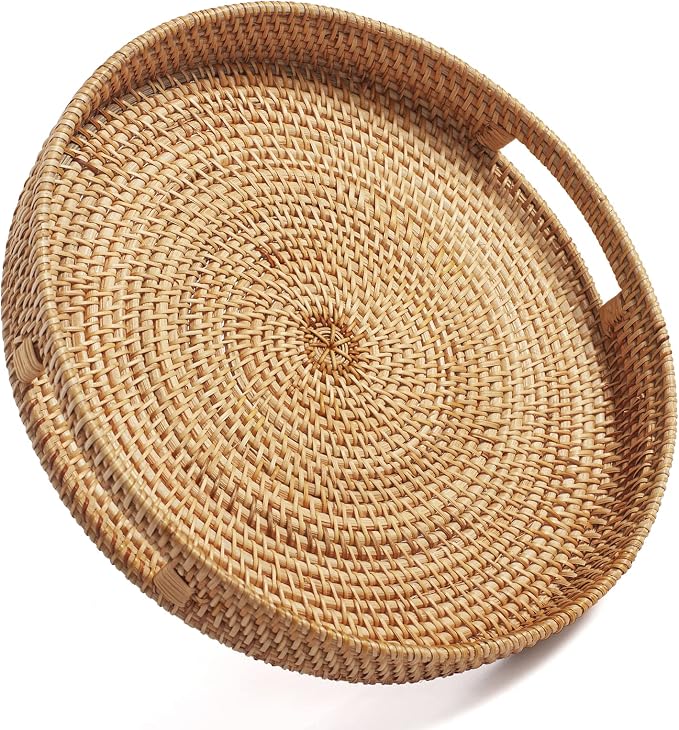 Round Rattan Serving Tray Decorative Woven Ottoman Trays with Handles for Coffee Table Natural (Small 11.8 inch x 2 inch)