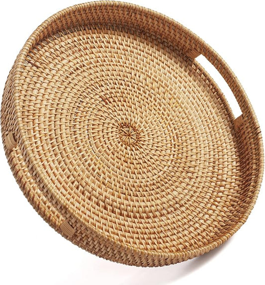 Round Rattan Serving Tray Decorative Woven Ottoman Trays with Handles for Coffee Table Natural (Small 11.8 inch x 2 inch)