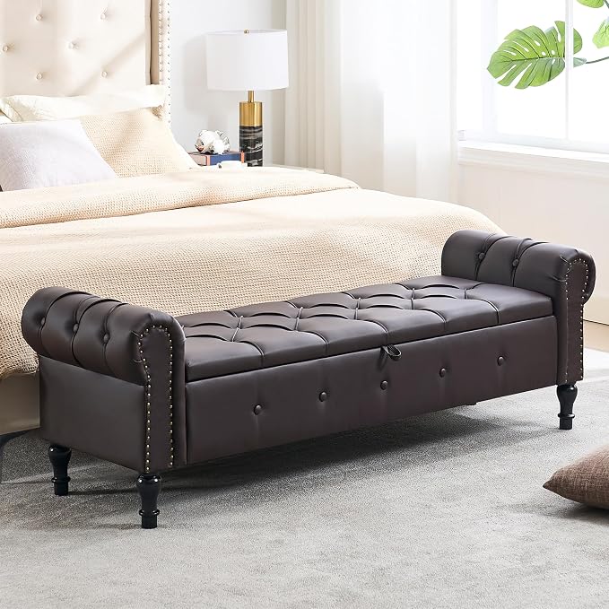 Storage Bench 67" Faux Leather End of Bed Benches Dark Brown | King Size Storage Bench for Bedroom with Rolled Arms Tufted Ottoman Benches Upholstered Bench for Living Room Entryway