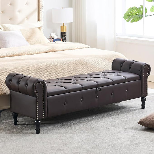 Storage Bench 67" Faux Leather End of Bed Benches Dark Brown | King Size Storage Bench for Bedroom with Rolled Arms Tufted Ottoman Benches Upholstered Bench for Living Room Entryway