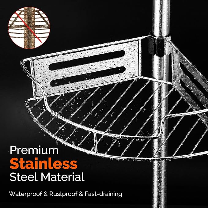 HAMITOR Corner Shower Caddy Tension Pole: Quick Installation 4-Tier Rustproof Bathroom Organizer Shelves for Bathtub Shampoo Storage - 47-121 inch Adjustable Floor Standing Bath Rack Holder - Silver | No-Drill Setup, Adjustable Height Tension Pole, Rus...