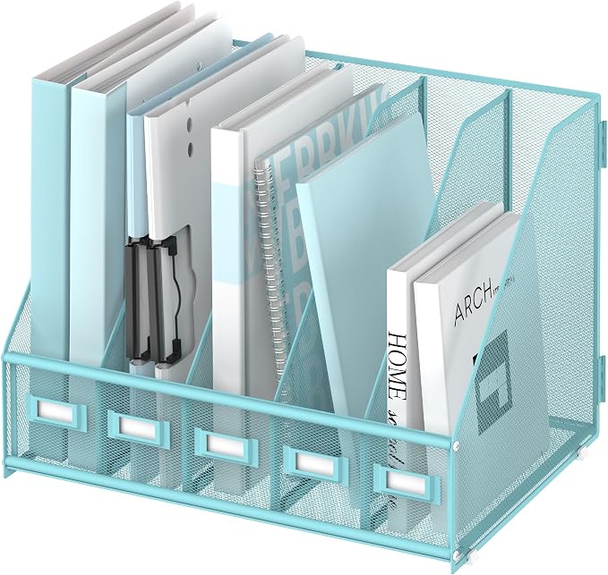 SUPEASY Desk Organizers Metal Desk Magazine File Holder with 5 Vertical Compartments Rack File Organizer for Office Desktop, Classroom, Home Workspace, Blue