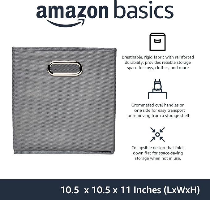 Amazon Basics Collapsible Cube Storage Bins, Space-Saving, Organizing Fabric Bins with Handles, 10.5 x 10.5 x 11 inches, Light Grey, 6-Pack