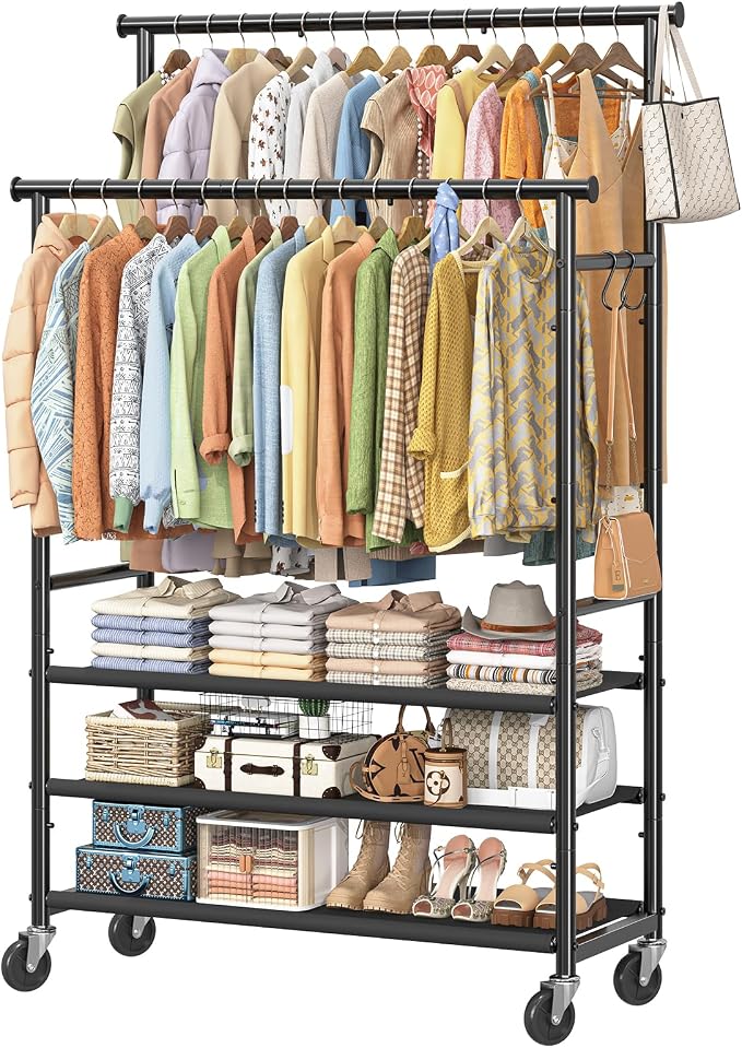 Ekisemio Double Rods Clothes Rack for Hanging Clothes, Rolling Clothing Rack with Wheels, 3-Tier Hanging Rack with Mesh Shelves, Holds 300 LBS for Bedroom, Laundry, Living Room, Black