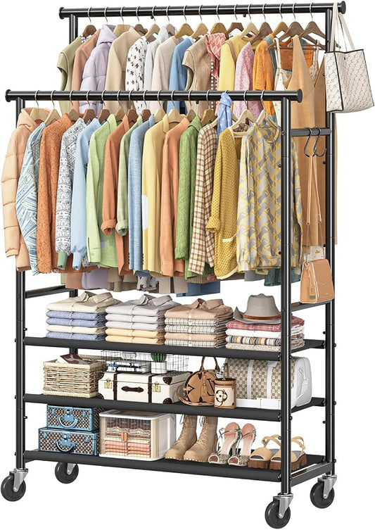 Ekisemio Double Rods Clothes Rack for Hanging Clothes, Rolling Clothing Rack with Wheels, 3-Tier Hanging Rack with Mesh Shelves, Holds 300 LBS for Bedroom, Laundry, Living Room, Black