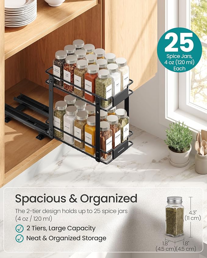 SONGMICS 2 Tier Pull Out Spice Rack for inside Cabinets, Steel | Spice Organizer, Slide Out Cabinet Organizer, for Kitchen Cabinet Storage, Black UKCS117B101
