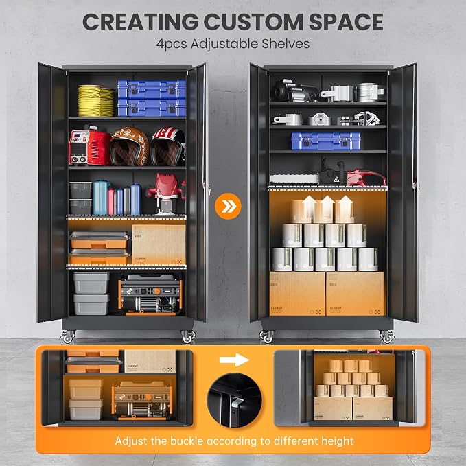Metal Garage Storage Cabinets with Wheels, Rolling Tool Cabinet with Lock, Locking Garage Caninet on Wheels with Shelves, Steel 2 Door Tall Tool Cabnets for Workshop/Home/Office - (Black 75”H)