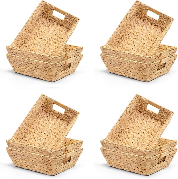 M4DECOR Set of 12 Water Hyacinth Wicker Storage Baskets for Shelves – Woven Snack Baskets for Organizing Pantry, Closet – Natural Storage Bins with Handles (12 Packs)