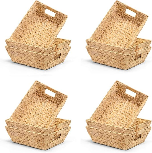 M4DECOR Set of 12 Water Hyacinth Wicker Storage Baskets for Shelves – Woven Snack Baskets for Organizing Pantry, Closet – Natural Storage Bins with Handles (12 Packs)