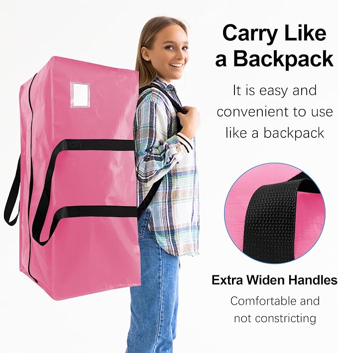 VELVETSURE 12 Pack Heavy Duty Large Moving Bags W/Backpack Straps - Strong Handles & Zippers, Storage Totes For Space Saving, Fold Flat, Alternative to Moving Box and Storage Bin, Pink