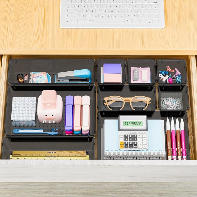 SpaceHacks 25 PCS Plastic Drawer Organizer Set, 4-Size Versatile Organizer Tool Trays & storage Bins for Makeup, Jewelry, and Gadgets in Bathroom, Bedroom and Office,Clear Black