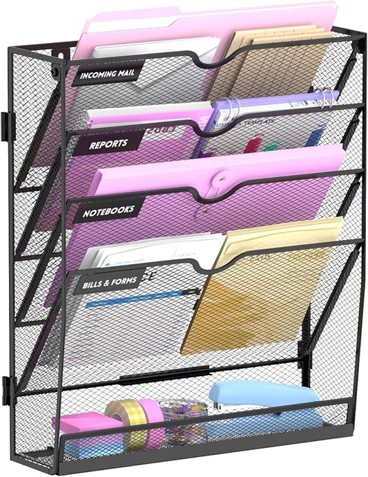 5-Tier Wall File Organizer with Base, Wall Mounted File Holder | Vertical Hanging File Organizer with Open Compartments and Label Holders for Mail, Folders and Paperwork at Home or Work