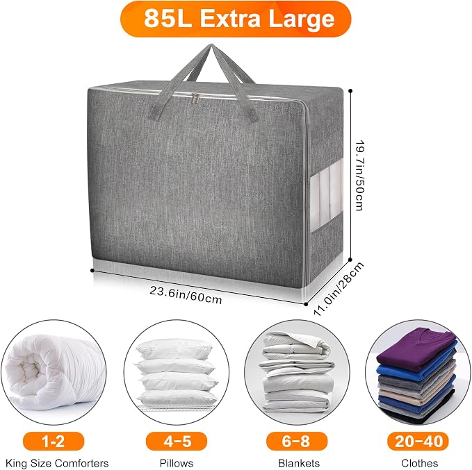 2 Pack 85L Comforter Storage Bags, Extra Large Bedding Storage Bags with Clear Window, Reinforced Handles & Zippers, Foldable Closet Organizers for Blanket Pillow Clothes