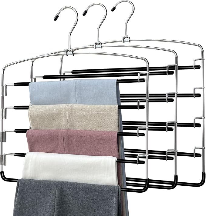 Pants Hangers 3 Pieces,5 Tier Closet Organizers and Storage Clothes Hanger,Hangers Space Saving with Swing Arm,Multiple Metal Hanger Clothes Organization for Pants Trousers Jeans Leggings Slacks