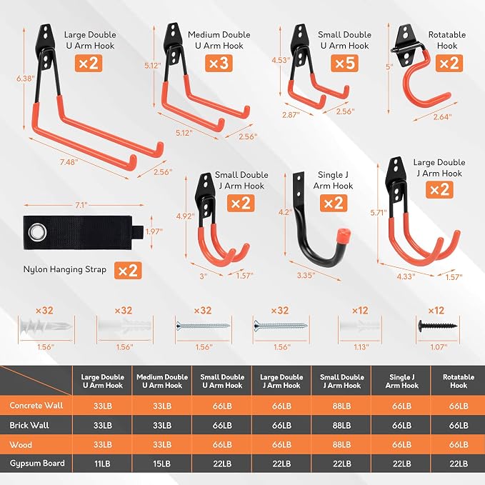 TONDA Garage Hooks, 20 Pack Garage Organization, Wall Storage Hooks Heavy Duty for Hanging Bike, Ladder, Garden Tools, Hose and Ropes, Orange