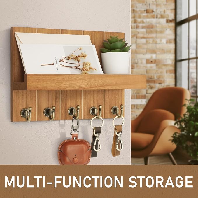 Rebee Vision Key Holder Wall Mount with Shelf for Living Room, Light Brown | 3.54" x 10" x 7.28", 5 Hooks, Key Holder for Wall, Mail Organizer, Floating Shelf, Apartment Essential, Rustic Decor Accent