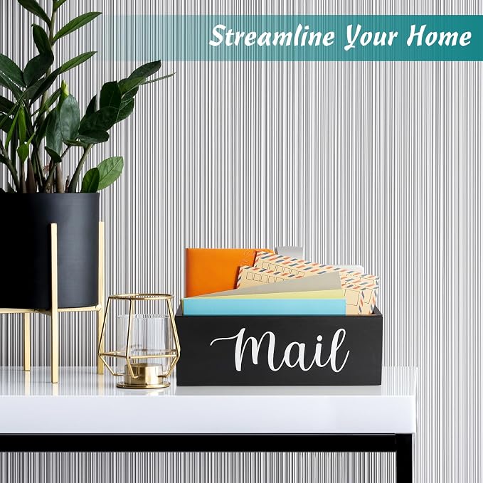 DRASTAR Mail Organizer, Mail Holder with 2 Slots, Mail Basket for Wall Table Countertop, Wood Desk Mail Organizer, Black Envelope Holder for Home Office Decor