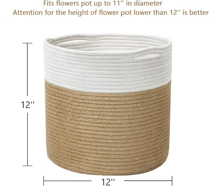 TIMEYARD Large Plant Basket, Planter for Indoor Plants, Jute Mixed White | 12" x 12" Storage Organizer Basket Rustic Home Decor, Rope Planter, Woven Pot for Indoor Plants