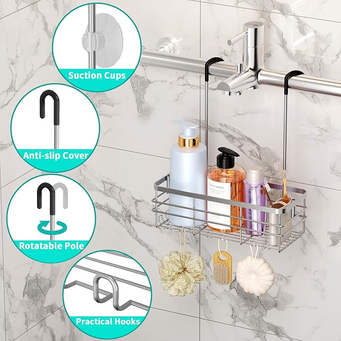 HapiRm Hanging Shower Caddy Organizer - No Drilling Shower Organizer with Hooks, Rustproof & Waterproof 304 Stainless Steel Bathroom Shelves - Silver (1 Basket)