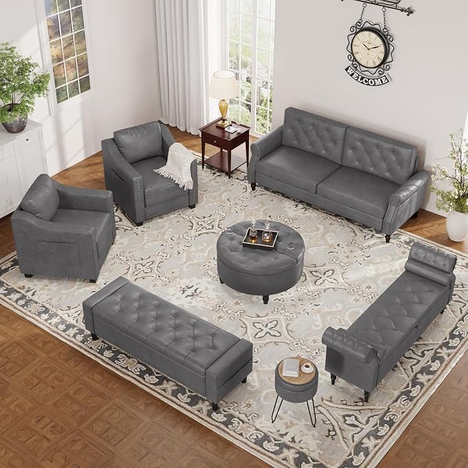 60" Storage Ottoman Bench, Faux Leather Upholstered Bed Bench with Tufted Buttons and Nailhead Trim, Large Ottoman with Storage for King Size End of Bed, Bedroom, Entryway, Hallway (Grey)