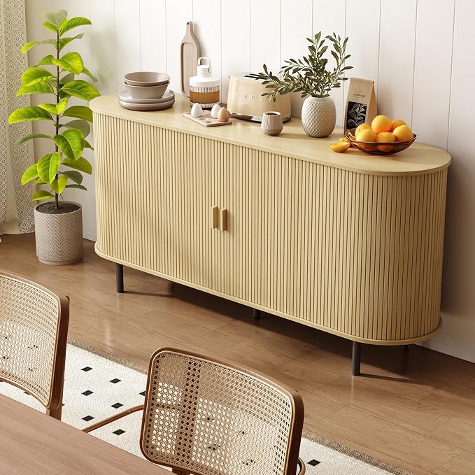 63" Sideboard Buffet Cabinet with Storage, Storage Cabinet with Sliding Door & Adjustable Shelf, Modern Accent Coffee Bar Console Table for Kitchen, Entryway, Oak