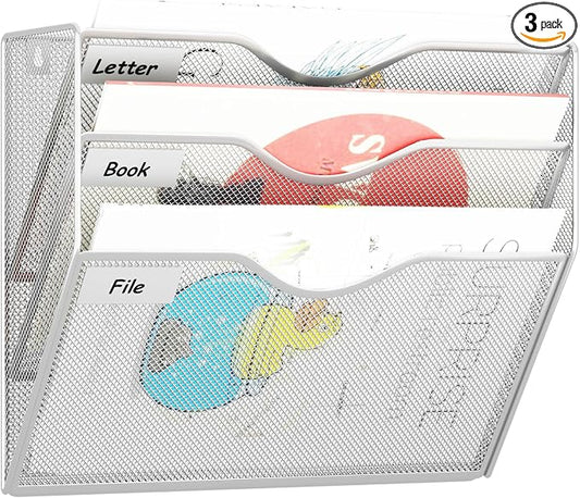 3 Pockets Hanging Wall File Organizer Mail Holder, Wall Mounted Paper Document Folder Holder, Clipboard Storage Organization Magazine Rack, Silver