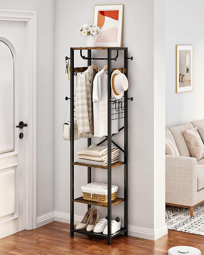 CHOEZON Coat Rack with Shelves, Freestanding Hall Tree, Coat Tree with 16 Hooks and Hanging Rail, Industrial Clothes Stand for Entryway, Hallway, Bedroom, Rustic Brown and Black TYM18BF
