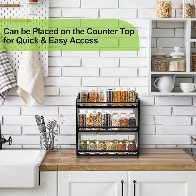 3 Tier Bamboo Spice Rack Wall Mount or Countertop,Spice Organizer | Seasoning Jars Rack Spice Shelf Organizer for Kitchen Counter or Wall Mounting (Black)