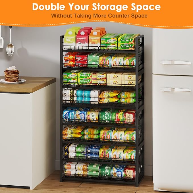 JKsmart 2-Tier Stackable Can Organizer, Extra-Long Can Holders for Pantry Storage, Adjustable Can Dispenser Holds Up to 64 Cans, 12mm Metal Frame, Super Sturdy Racks for Various Canned Food Soda