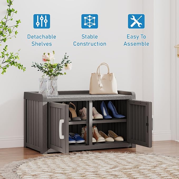 NUNU LAB Shoe Cabinet, Waterproof UV-Resistant Outdoor/Indoor Shoe Storage Cabinet with Adjustable Shelves, Shoe Organizer Bench with 2 Barn Doors for Foyer, Hallway, Living Room, Black