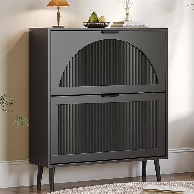 BORNOON Shoe Cabinet for Entryway with 2 Flip Drawers, Slim Wooden Shoe Storage Organizer with Modern Fluted Pannel，Freestanding Narrow Hidden Shoe Rack for Hallway, Foyer, Living Room