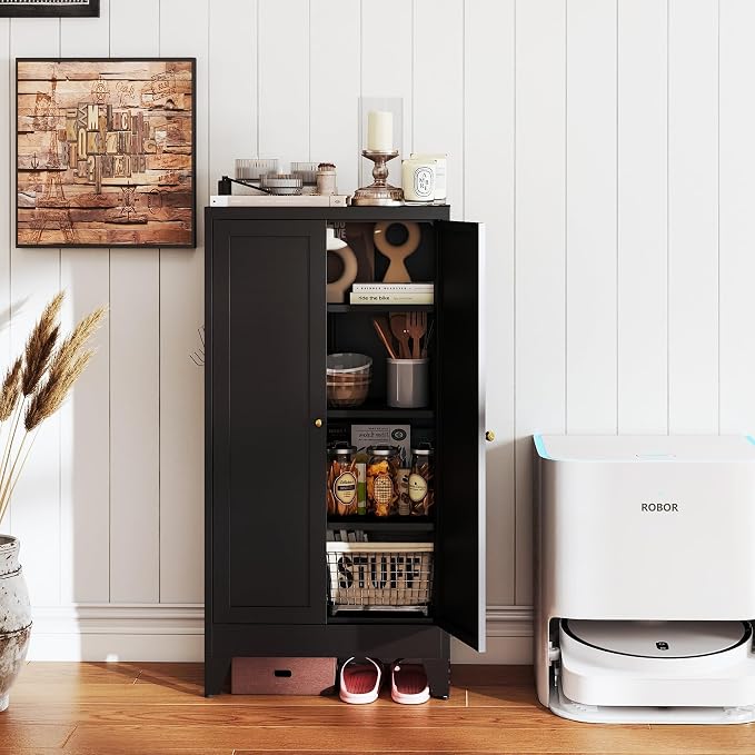 AQY Kitchen Pantry Cabinet,47" Black Pantry Storage Cabinet with 5 Tier Adjustable Shelves and 2 Doors,Freestanding Cupboard,Metal Pantry Cabinets with Handle for Living Room Kitchen Assembly Required