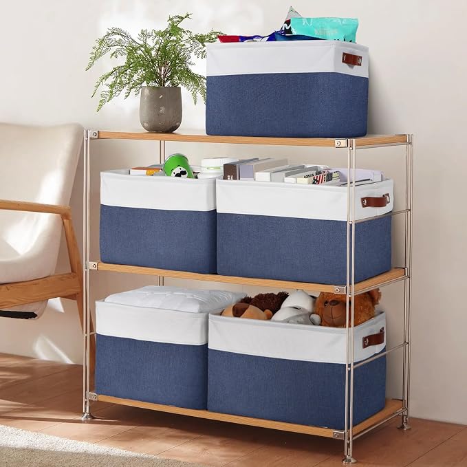 Univivi 15 inch Fabric Storage Baskets for Shelves,Blue,4 Pack | Large Capacity,Linen Closet Baskets,Metal Frame,Hard Cardboard Bottom,Foldable,with PU Handles