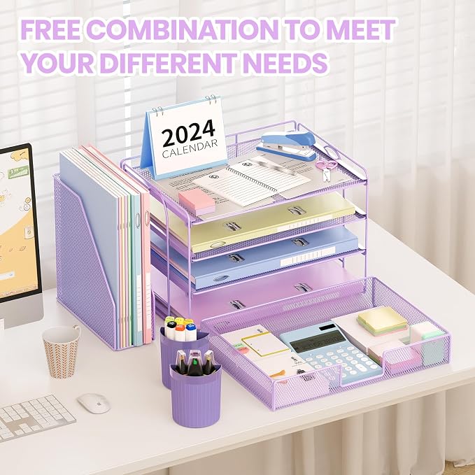 OPNICE Desk Organizer, 4-Tier Desktop File Organizer with Drawer and Pen Holders, Office Desk Accessories, File Sorters, Workspace Organizers for Office Supplies(Purple)