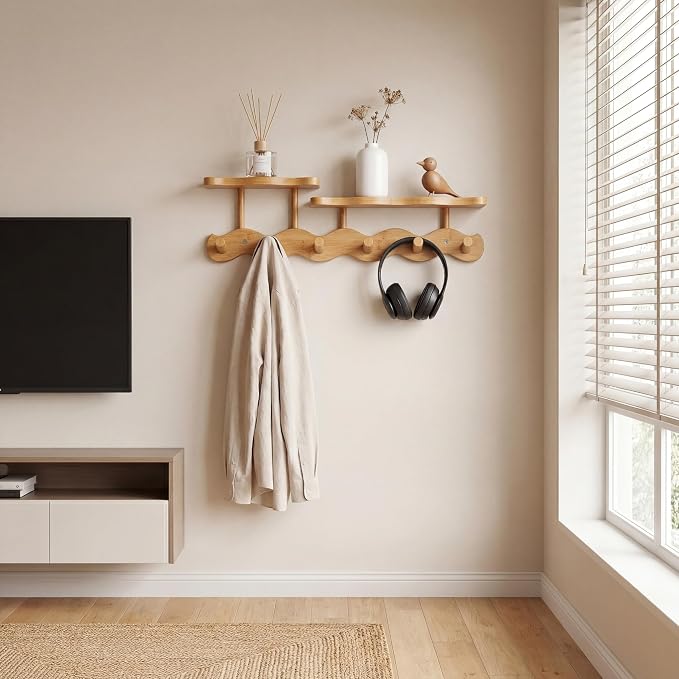 Wave-Shaped Bamboo Coat Rack Wall Mount with Shelf - Modern 6-Hook Rack | Modern Sculptural Wave Decor, Organic Wood Wall Organizer with Storage Shelf, Eco-Friendly Coat Rack for Hanging Bags, Keys