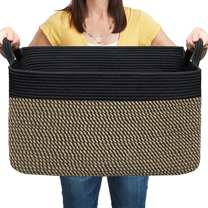 COMFY-HOMI Large Rectangular Blanket, Cotton Rope Woven for Storage, LaundryHamper, Storage,Toy Organizing Bin with Handle, Organizer and Storage-22x15x12-