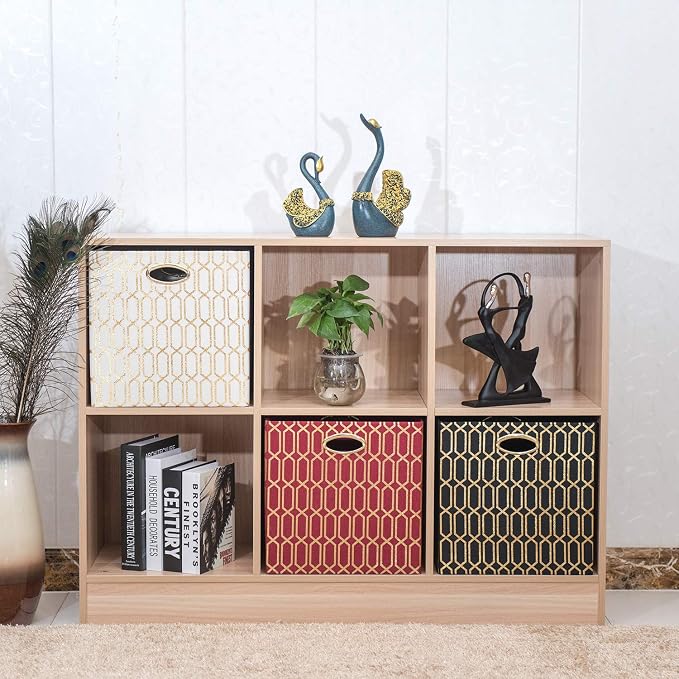 Posprica Storage Bins, Storage Cubes, 11×11 Fabric Drawers Organizer Basket Boxes Containers (11×11×11/4pcs, Cream/gold geometry Pattern)
