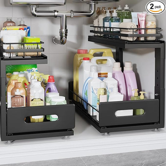 Under Sink Organizer Upgrade To Professional Rails,2-Tier Dual Pull Out Cabinet Storage,Height Adjustable Slide Out Drawers For Bathroom Kitchen,2 Pack-16.7"Dx12.8"-16.9"H,Black