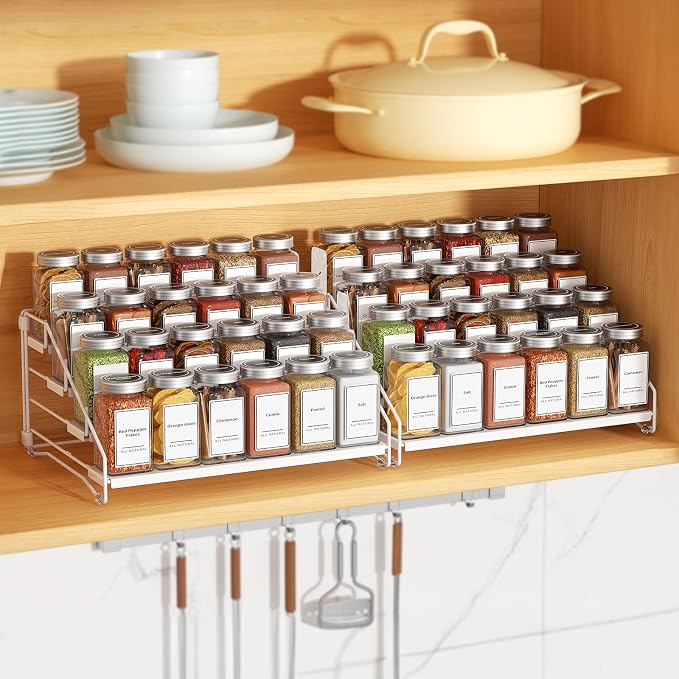 BOIVSHI Spice Organizer for Cabinet, Depth Adjustable Spice Rack, White | 4 Tier Spice Rack for Countertop, 2 Pack Spice Organization for Cabinet, Easy to Assemble Spice Cabinet Organizer