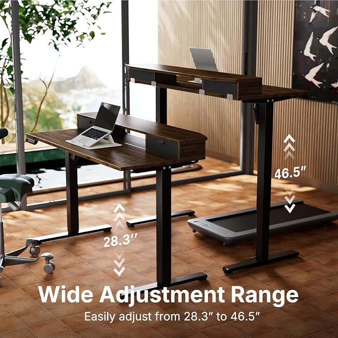 HUANUO 47.2" X 23.6" Electric Standing Desk with 2 Drawers, C-Clamp Mount Compatible, Height Adjustable Computer Desk, Home Office Stand Up Desk with 4 Preset Heights & 2 Hooks, Walnut