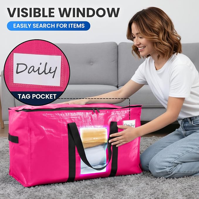 TAILI 10 Pack Pink Extra Large Moving Bags, Heavy Duty Totes with Visible Window, Wrap Around Handles, Ideal for Storage, Space-Saving