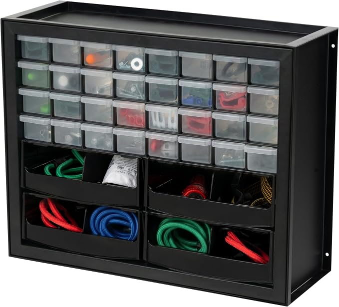 IRIS USA 32-Drawer Organizer with 4 Bins and Dividers, Garage Tool, Black | Wall mountable, Stackable, Hardware, Electronics, Teacher Toolbox, Small Parts, Nuts & Bolts, Screws
