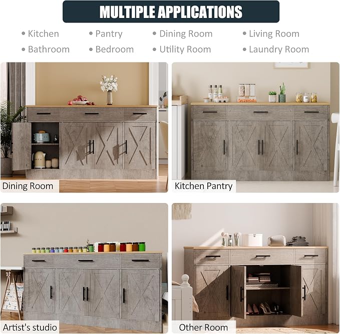 Kitchen Storage Cabinets, Farmhouse Buffet Cabinet with 4 Doors and 3 Drawers, Sideboard Small Storage Cabinet with Adjustable Shelf, for Kitchen, Dining Room & Living Room, Grey