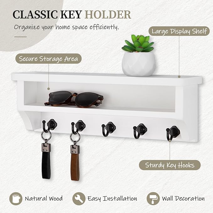 Nekon Key Holder Wall Mount, Wall Organizer Shelf with 5 Key Hooks, Room Decor for Home and Apartment Essentials, White