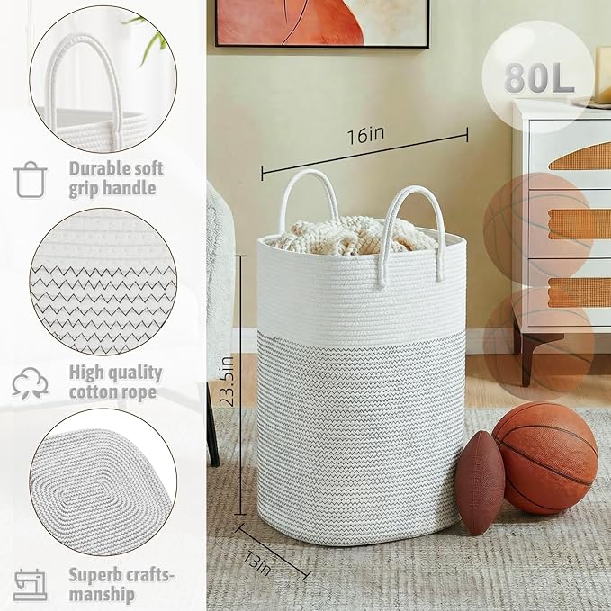 Artfeel Laundry Basket,Woven Cotton Rope Laundry Hamper,100L Versatile Storage for Dirty Clothes,Baby Toys,and Blankets in Bathroom, Nursery,and Living Room