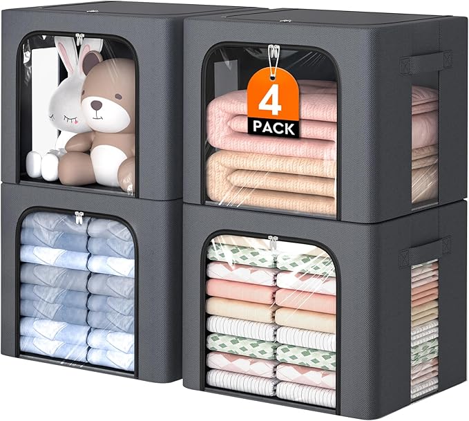 4 Pack Clothes Storage Bins with Metal Frame, Light Grey, 40L | Foldable Storage Boxes with Clear Window, Front & Top Zipper Openings, Stackable Organizer with Handles for Closet & Bedroom
