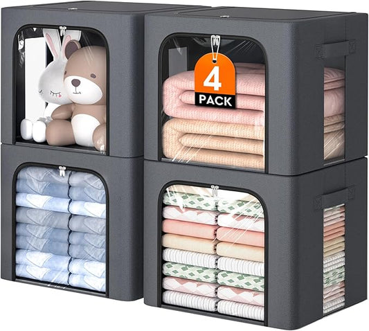 4 Pack Clothes Storage Bins with Metal Frame, Light Grey, 40L | Foldable Storage Boxes with Clear Window, Front & Top Zipper Openings, Stackable Organizer with Handles for Closet & Bedroom
