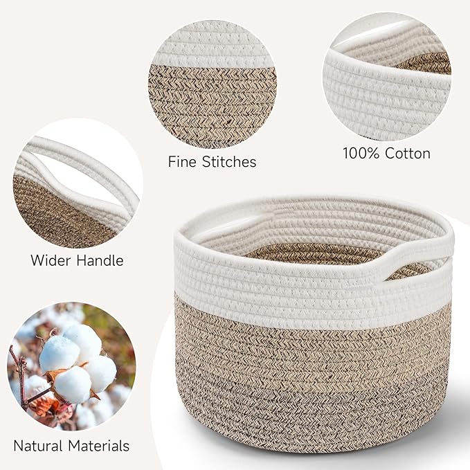 3 Pack Small Rope Storage Baskets, 9.82×9.82×7.1", Mixed Brown | Cotton Basket for Gifts Empty, Cute Round Woven Basket, Decorative Shelf Basket Organizer, Organizing Basket for Shelves