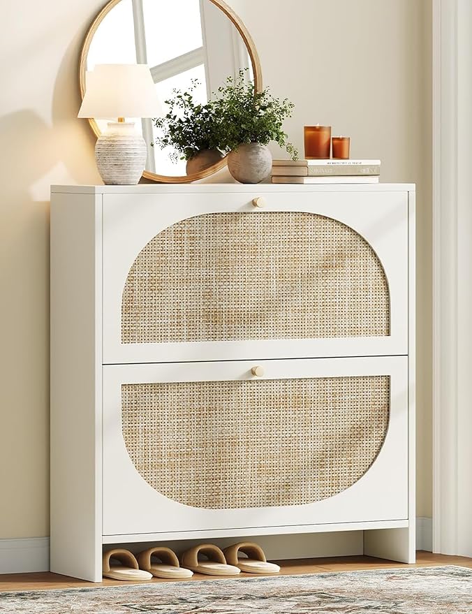 Nicetree Shoe Cabinet Storage for Entryway Slim 9.5" Freestanding Floor Base Shoe Storage Cabinet, 2 Flip Drawers with 3-Position Adjustable Divider, Holds 16-24 Pairs, Cream White
