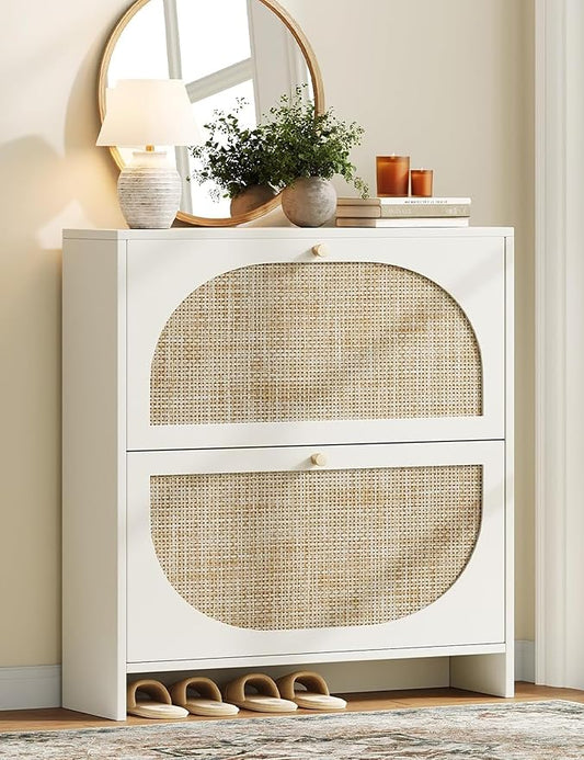 Nicetree Shoe Cabinet Storage for Entryway Slim 9.5" Freestanding Floor Base Shoe Storage Cabinet, 2 Flip Drawers with 3-Position Adjustable Divider, Holds 16-24 Pairs, Cream White